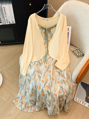 Plus Size Loose Camisole Dress with Long Sleeved Shawl Set