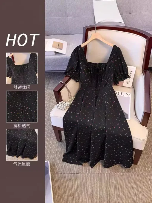 Plus Size Women's Summer Loose French Floral Dress Black - Image 4