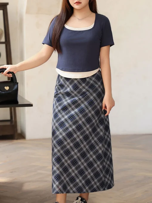 Blue Plaid Back Slit Long Skirt for Women - Image 2