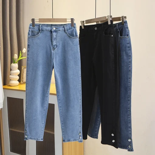 Plus Size High Waist Button Leg Opening Slim Denim Jeans - Image 3