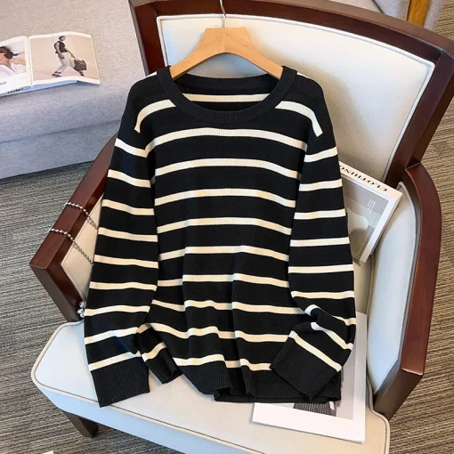 Plus Size Women's Loose Long Sleeve Striped Knitted Sweater - Image 3