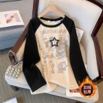 Plus Size Women's Loose Long Sleeve Retro Fleece T-Shirt