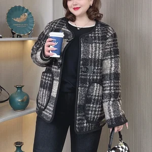 Chic Fleece-lined Woolen Coat Women Plus Size Plaid Jacket