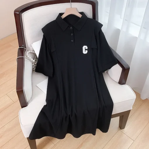 Plus Size Loose POLO Collar Embroidered Short-Sleeved Dress - Image 3