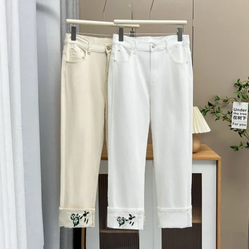 Plus Size Embroidered High Waist Casual Ankle Pants - Image 5