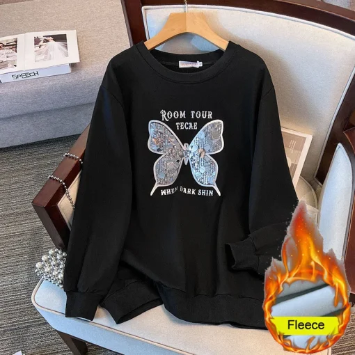 Plus Size Loose Round Neck Sequined Butterfly Fleece Sweatshirt - Image 3