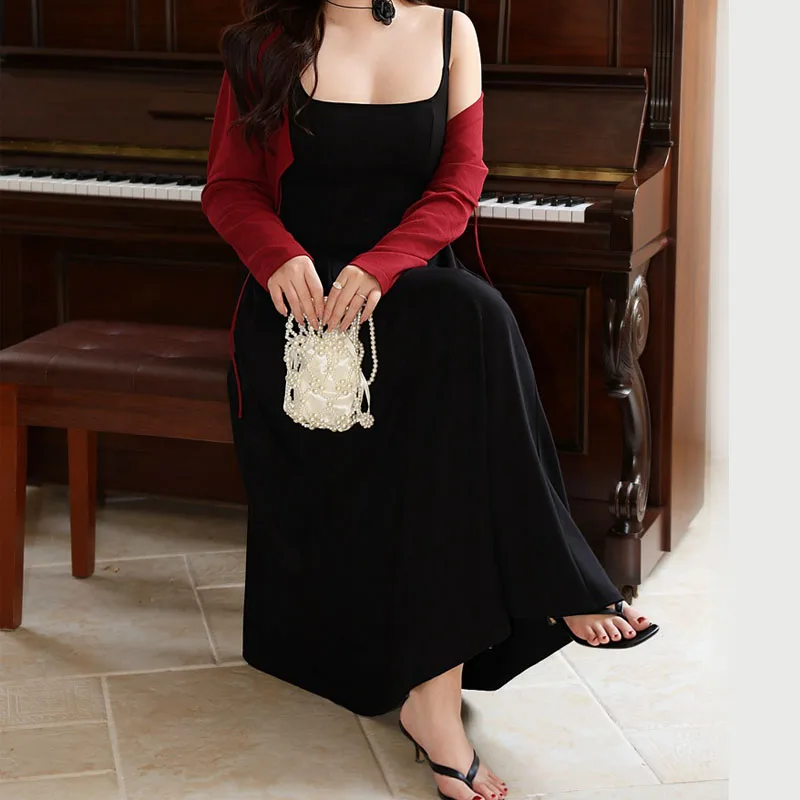 Women's Square Collar A-Line Black Long Dress, Plus Size - Image 4