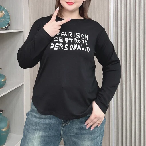 Plus Size Loose Fit Round Neck Long Sleeve T-shirt for Women - Image 5