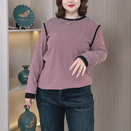 Plus Size Women’s Autumn Winter Block Color Stripes T-Shirt