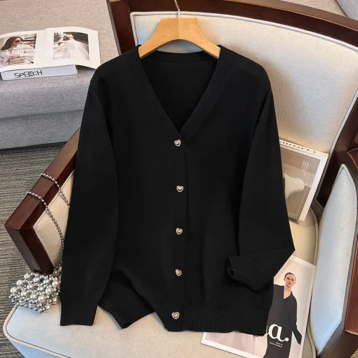 Plus Size Loose V-Neck Knitted Cardigan Sweater Jacket - Image 3