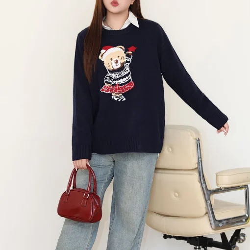 Vintage Bear Embroidered Crew Neck Sweater Women Plus Size - Image 5