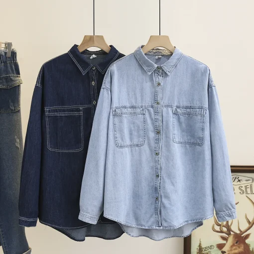 Plus Size Denim Shirt Women Asymmetrical Loose Long Top - Image 3