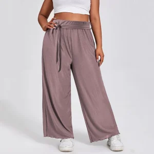 Plus Size Elegant Wide Leg Rib Knit Elastic Waist Pants