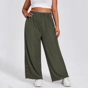 Plus Size Elastic Waist Wide Leg Button Design Casual Pants