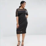 Plus Size Plaid Sleeve Patchwork Black Midi Office Dress