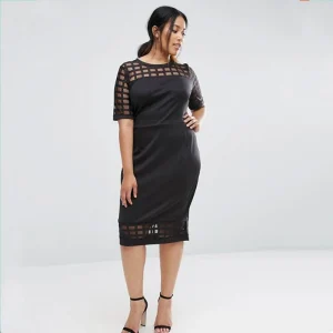 Plus Size Plaid Sleeve Patchwork Black Midi Office Dress