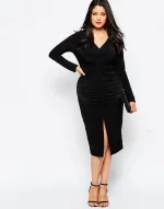 Plus Size Elegant V-neck Ruched Long Sleeve Midi Dress