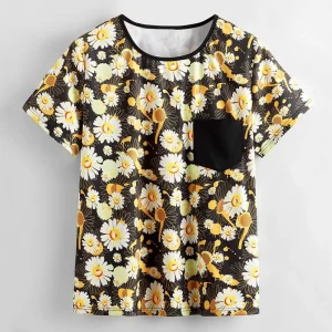 Plus Size Floral Print Casual Short Sleeve Pocket Top