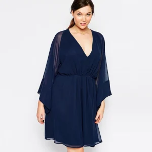 Plus Size Long Flare Sleeve V-Neck Chiffon Party Dress