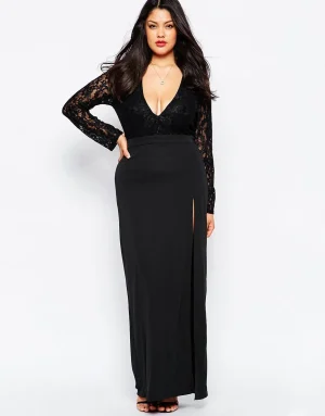 Plus Size V-neck Lace Long Sleeve Maxi Party Dress