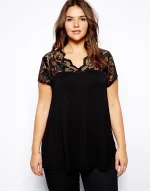 Plus Size Lace Patchwork Short Sleeve Black T-Shirt