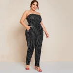 Plus Size Dot Printed Strapless Tube Jumpsuit with Pockets