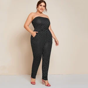 Plus Size Dot Printed Strapless Tube Jumpsuit with Pockets