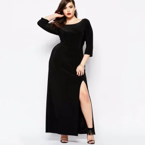 Plus Size Elegant Black Maxi Dress with High Split