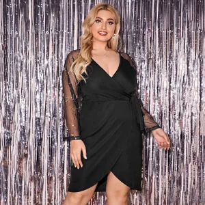 Plus Size V-neck Wrap Dress with Embroidered Mesh Sleeves