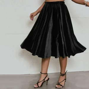Plus Size High Elastic Waist A-Line Velvet Midi Skirt