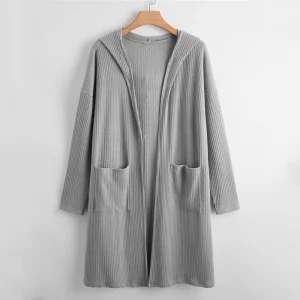 Plus Size Hooded Open Front Ribbed Knit Cardigan Duster Jacket