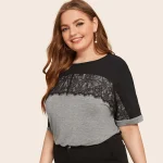 Plus Size Summer Casual Lace Patchwork Gray Black T-shirt