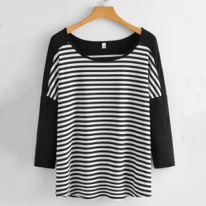 Plus Size Casual Striped Long Sleeve Drop Shoulder Tunic Top