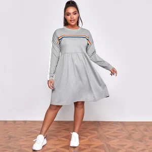 Plus Size Long Sleeve Rainbow Striped Fit and Flare Dress