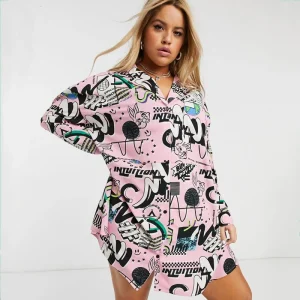Plus Size Cartoon Print Casual Long Sleeve Shirt Dress for Women