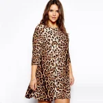 Plus Size Casual Leopard Print Swing Dress with Three-Quarter Sleeves