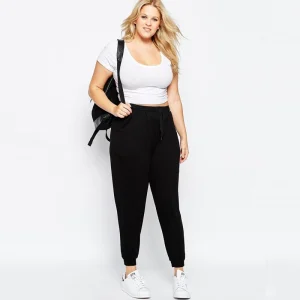 Plus Size Elastic Drawstring Waist Black Harem Sweatpants