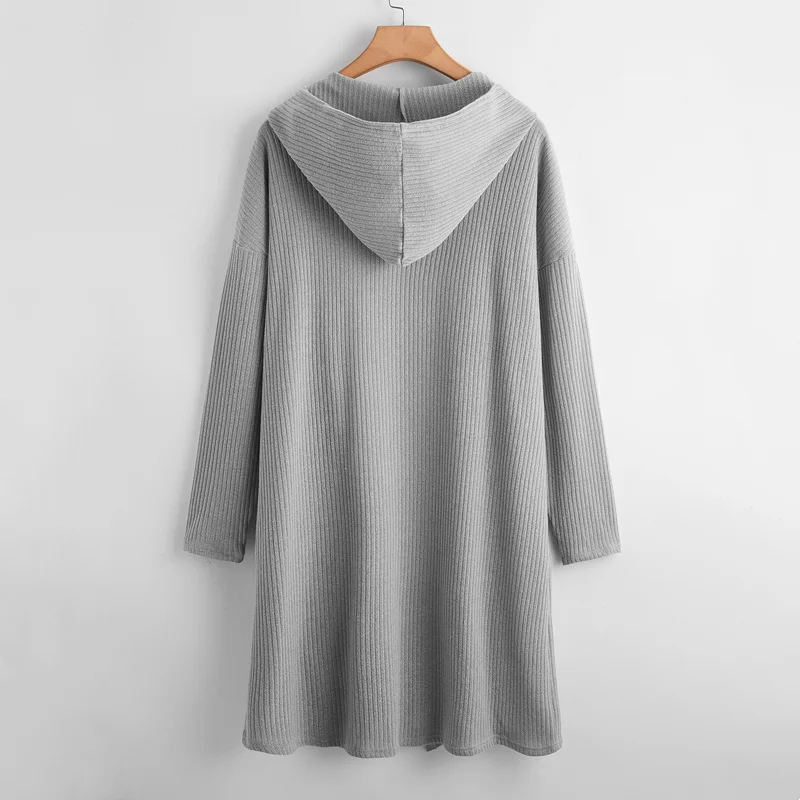 Plus Size Hooded Open Front Ribbed Knit Cardigan Duster Jacket - Image 2