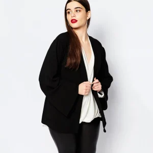 Plus Size Open Front Black Coat with Flare Sleeves for Women