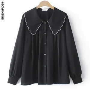 Plus Size Women’s Loose Satin Blouse with Peter Pan Collar