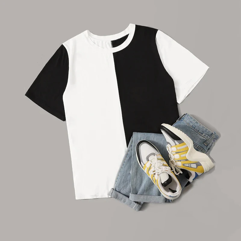 Plus Size Black and White Casual Short Sleeve T-Shirt