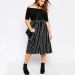 Plus Size High Elastic Waist Black and White Striped Midi Skirt