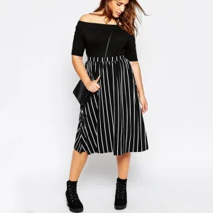 Plus Size High Elastic Waist Black and White Striped Midi Skirt