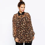 Plus Size Leopard Print Chiffon Long Sleeve Blouse