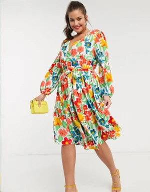 Plus Size Floral Print Bohemian Long Sleeve Midi Dress
