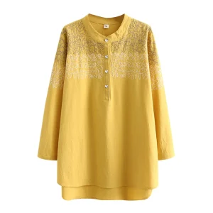 Plus Size Autumn Women’s Embroidered Cotton Long Sleeve Shirt