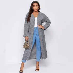 Plus Size Long Sleeve Elegant Open Front Maxi Cardigan