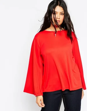 Plus Size Long Flare Sleeve Solid Red Knit T-shirt