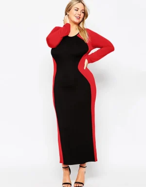 Plus Size Long Sleeve Black and Red Knit Sheath Dress