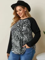 Plus Size Casual Leopard Print Raglan Sleeve Color Block Top